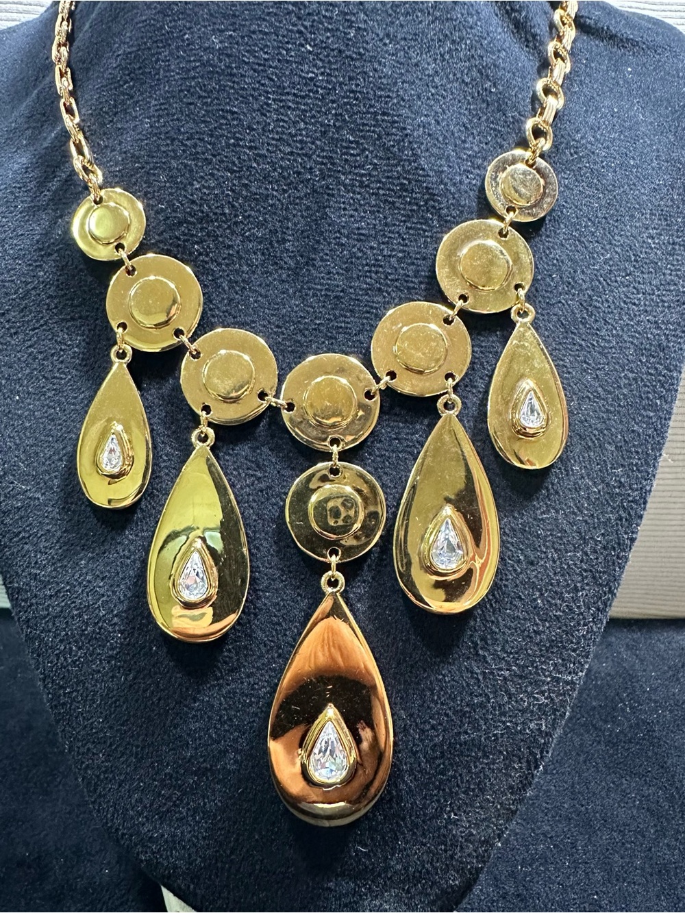 Vtg: Ben-Amun Gold Plated Glass CZ Cascading Rain Drop Runway Necklace